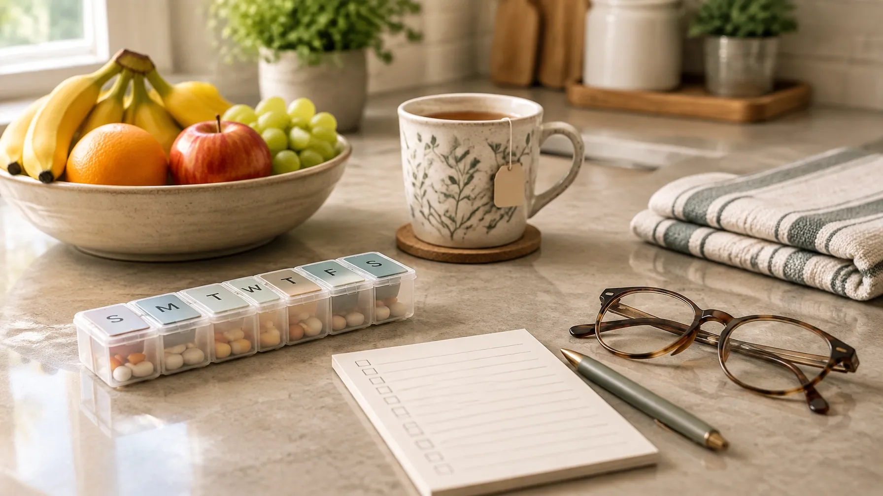 Organized kitchen counter with a pill organizer, grocery list, tea mug, and everyday home care details