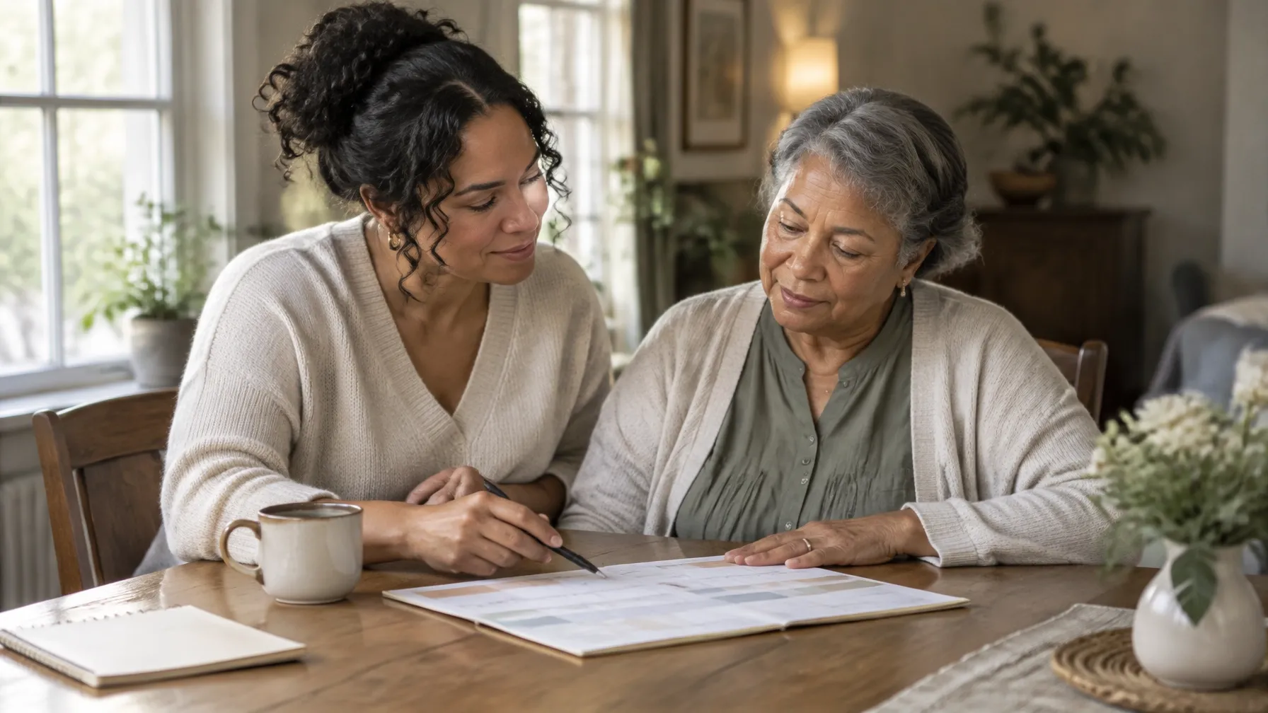Afro-Latina adult daughter and her older mother reviewing a weekly care plan at a dining table in warm natural light