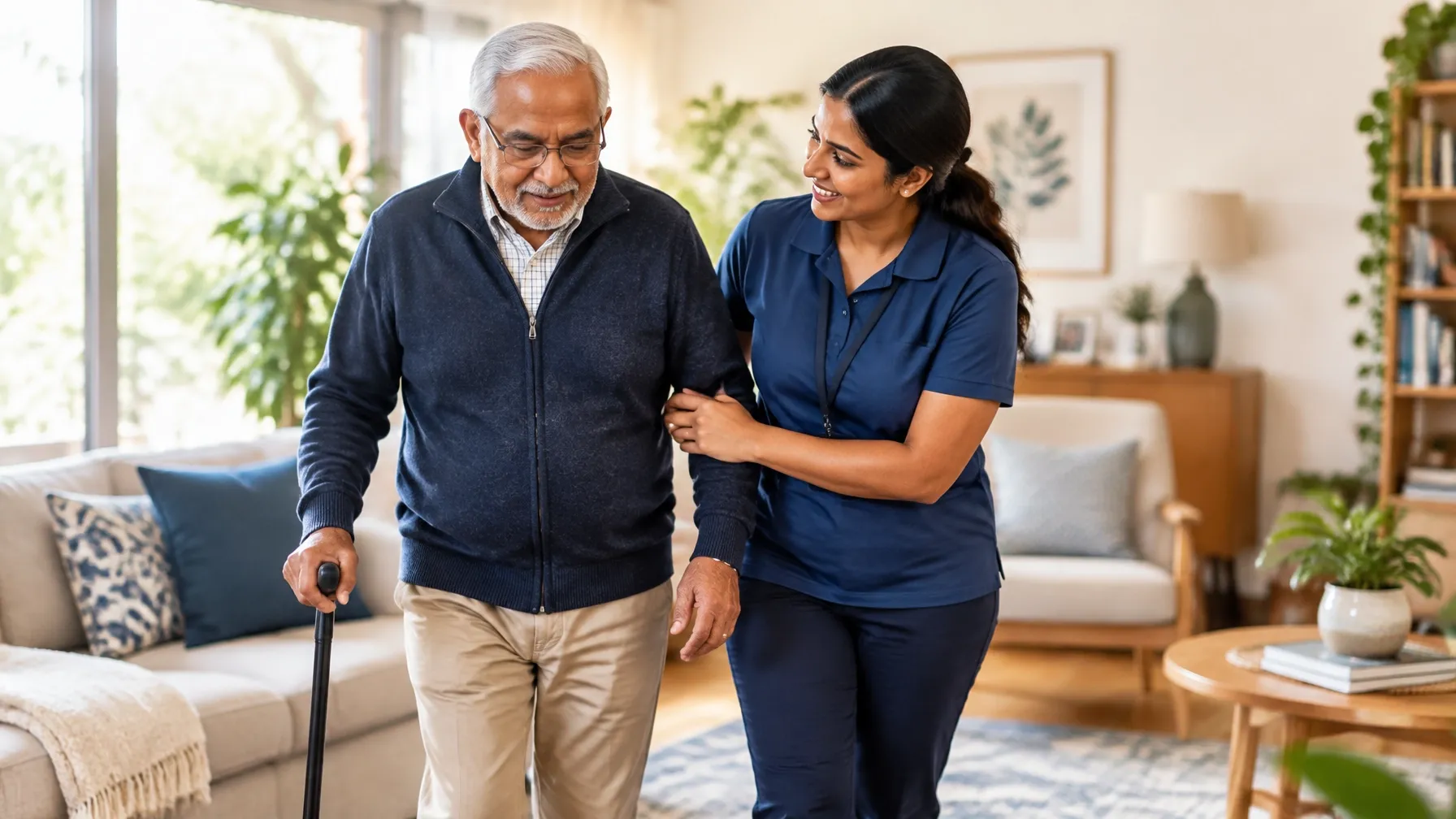 South Asian older man receiving gentle mobility support from a professional caregiver in a bright living room