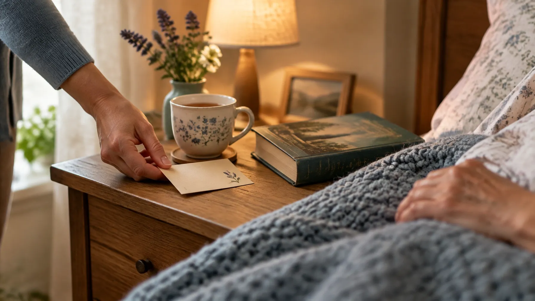 Caregiver's hand placing a handwritten note and tea beside a favorite book and knitted blanket in a calm bedroom corner