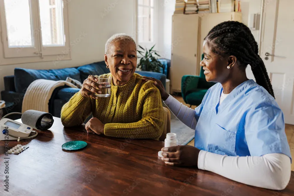 A caregiver talking with an older adult